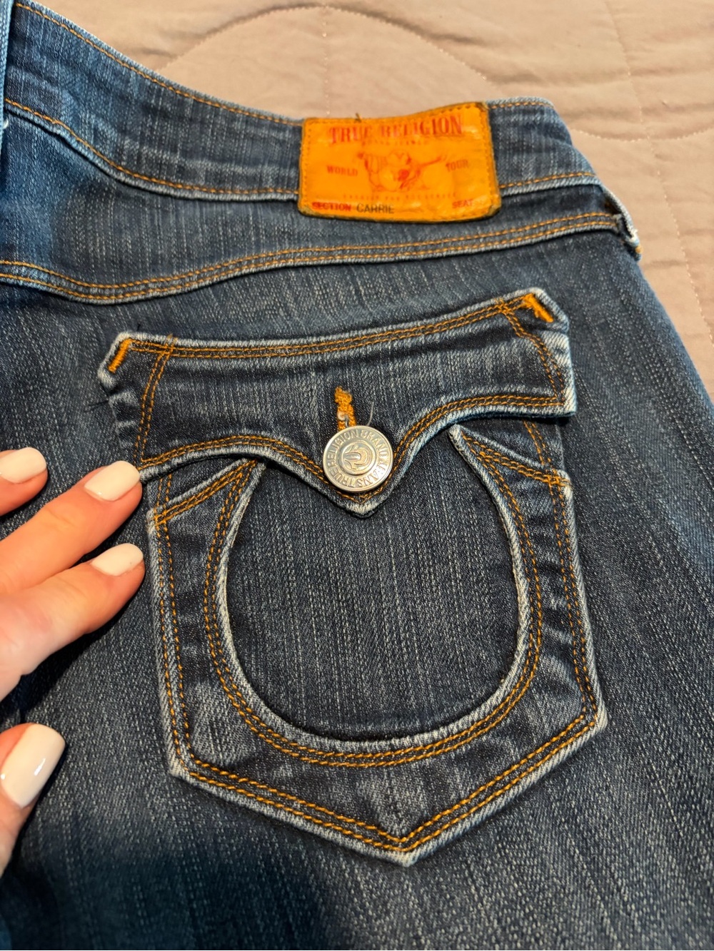 True Religion Women's Blue Denim Boot Cut Jeans with Gold Stitching